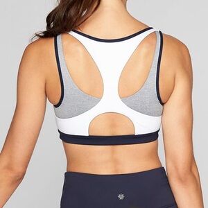 Athleta Gray, White & Navy Triple Dare Sports Bra